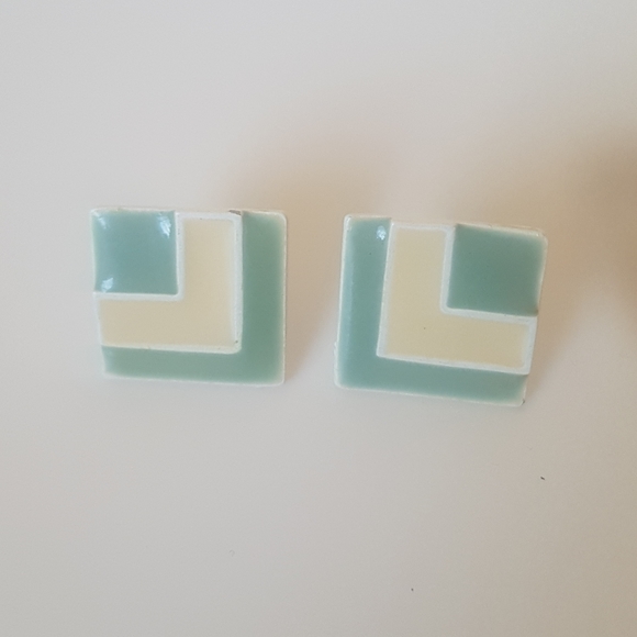 Teal and Yellow Square Earrings - Picture 4 of 7